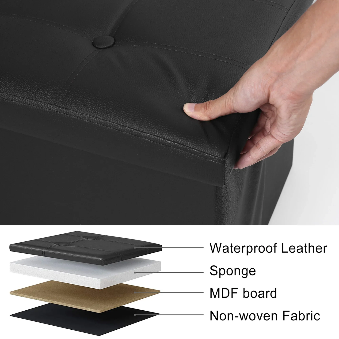 17 in Storage Ottoman Cube, Foot Stool Ottoman, Black Faux Leather, 17X13X13 In