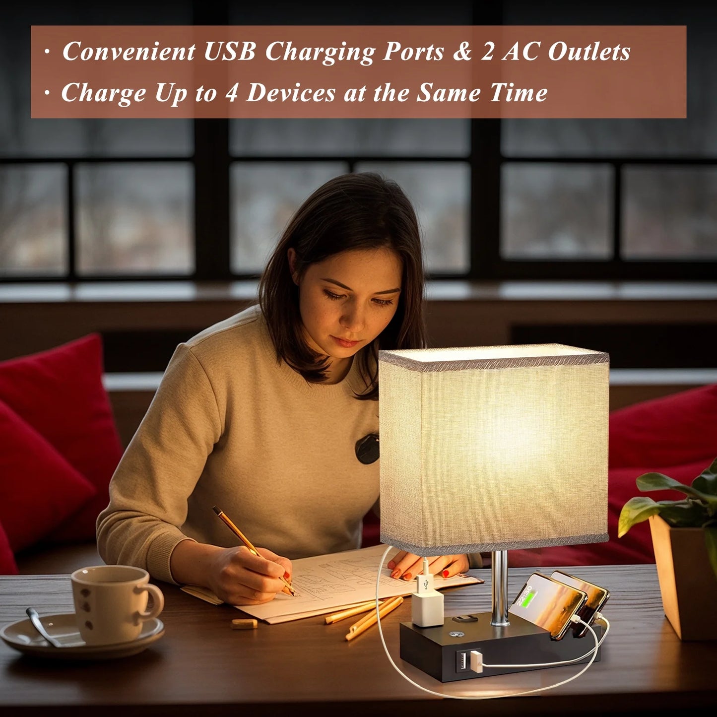 15.7" Bedside Table Lamp for Bedroom, Dual Fast USB Charging Ports, Fully Dimmable Nightstand Lamps