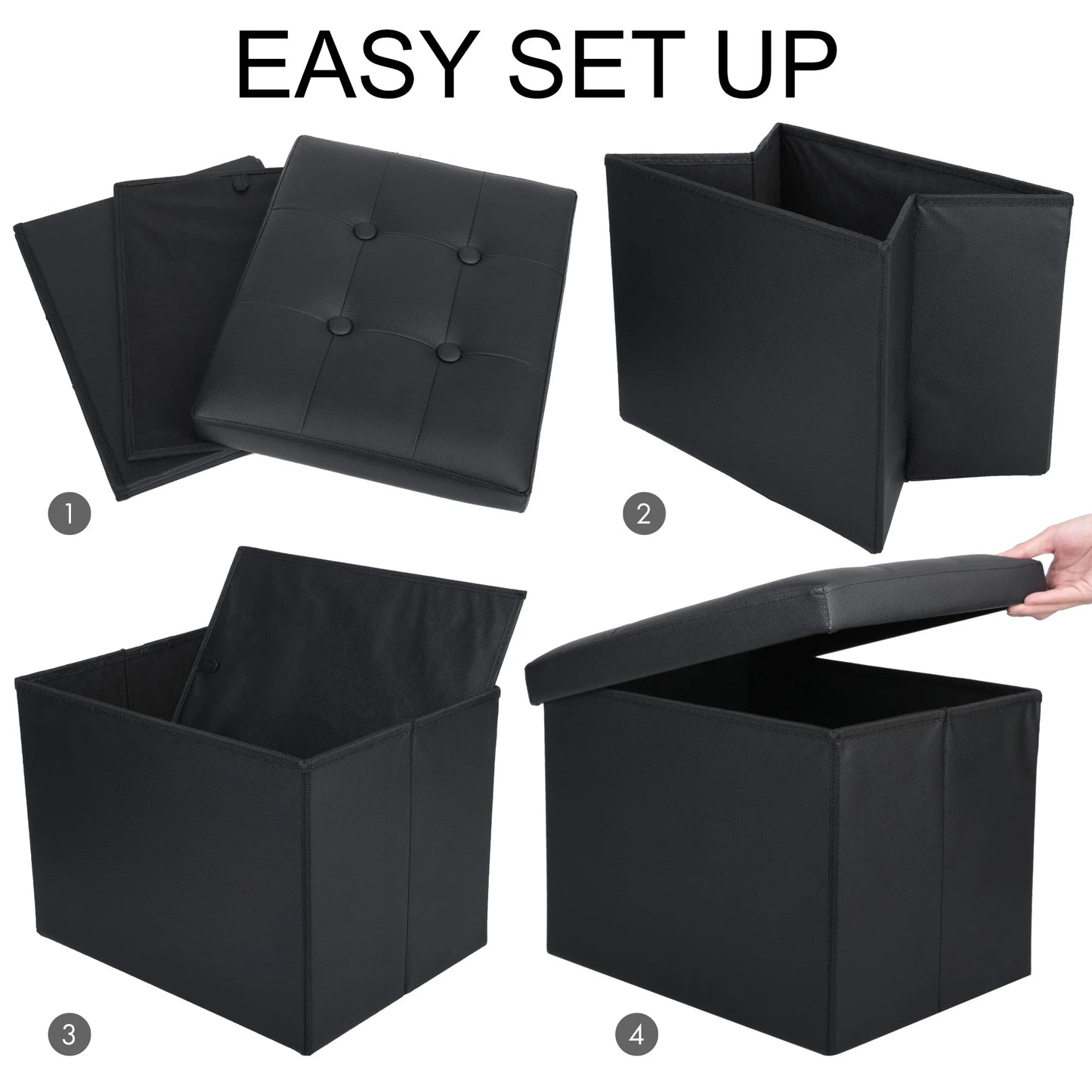 17 in Storage Ottoman Cube, Foot Stool Ottoman, Black Faux Leather, 17X13X13 In
