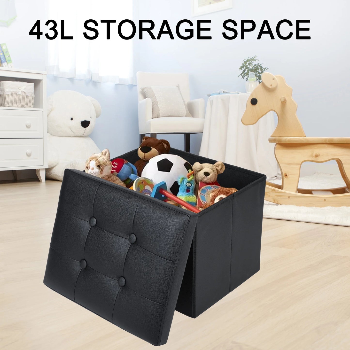 17 in Storage Ottoman Cube, Foot Stool Ottoman, Black Faux Leather, 17X13X13 In