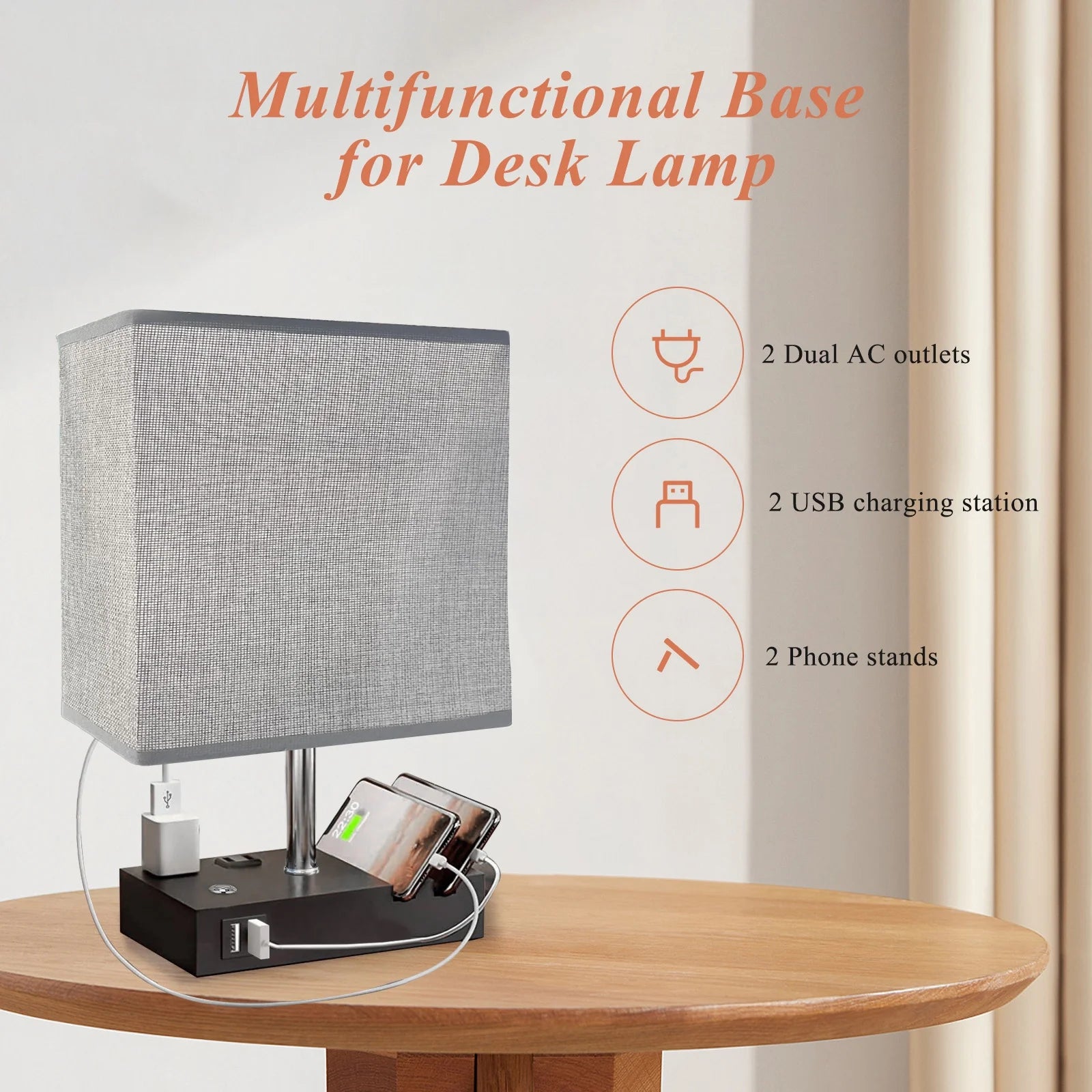15.7" Bedside Table Lamp for Bedroom, Dual Fast USB Charging Ports, Fully Dimmable Nightstand Lamps