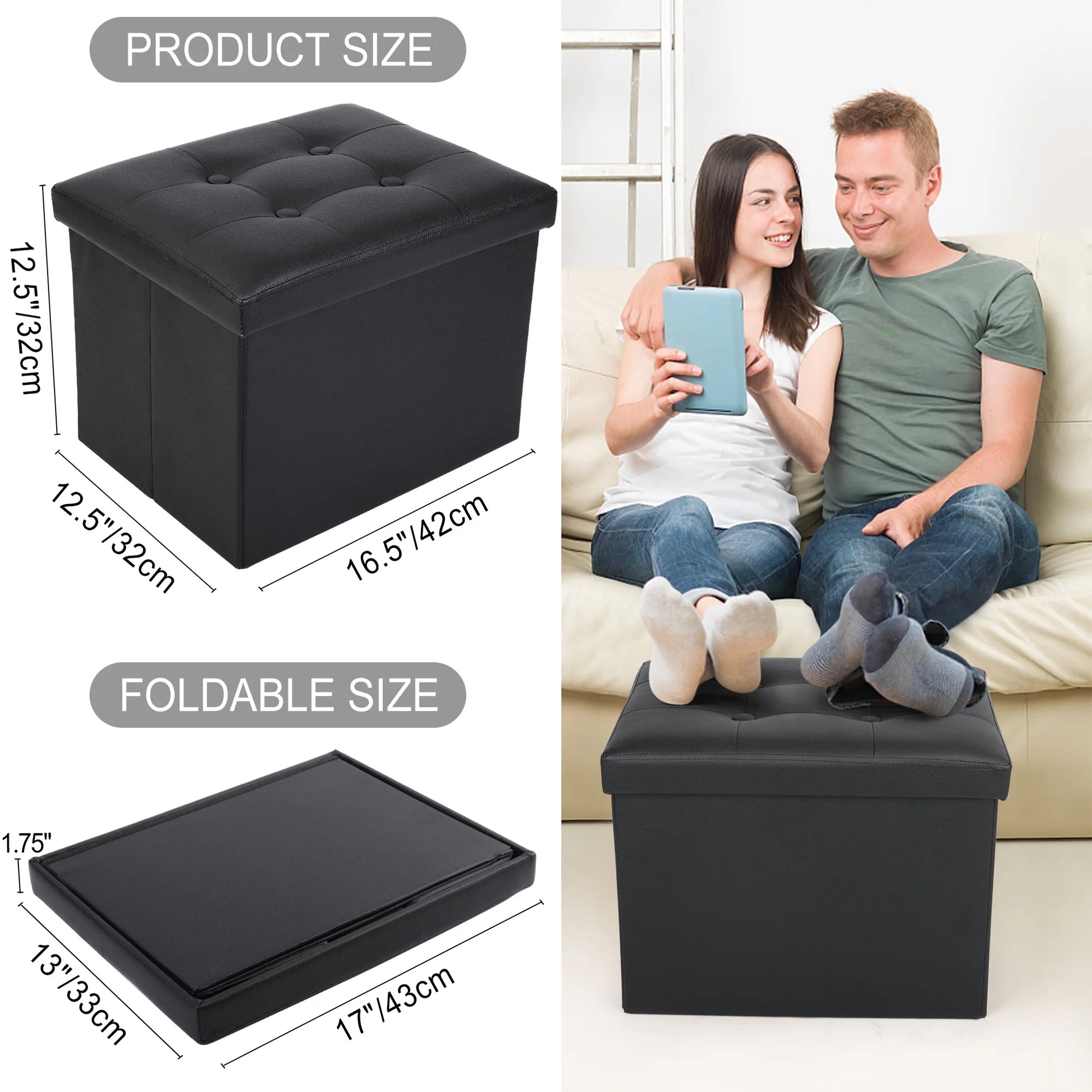 17 in Storage Ottoman Cube, Foot Stool Ottoman, Black Faux Leather, 17X13X13 In